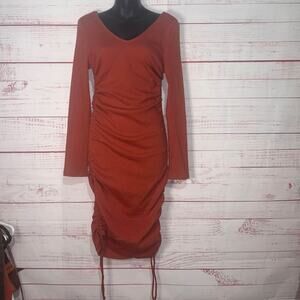 Fashion Nova Ruched Tie Side Rust Long Sleeved Bodycon Dress | Large